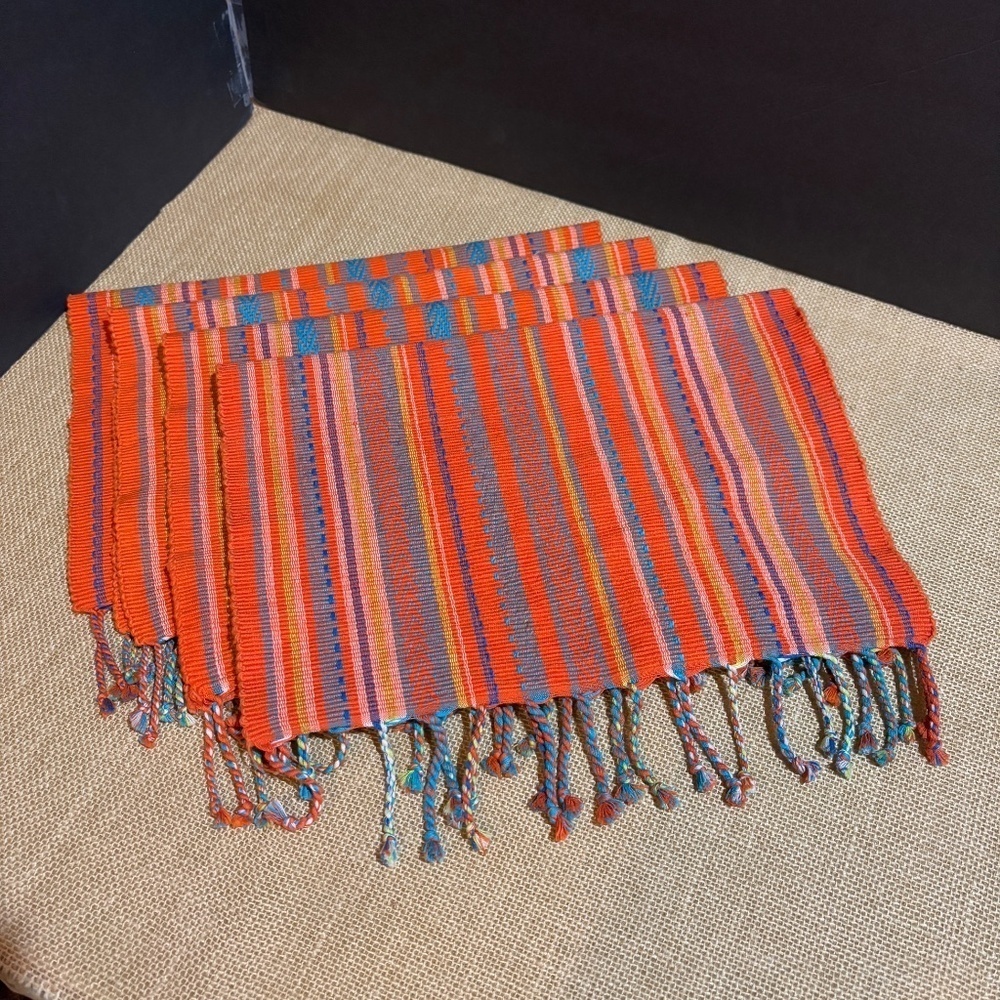 Pier 1 Placemats Woven Cotton Set Of 4‎ Orange striped tasseled Guatemala Summer